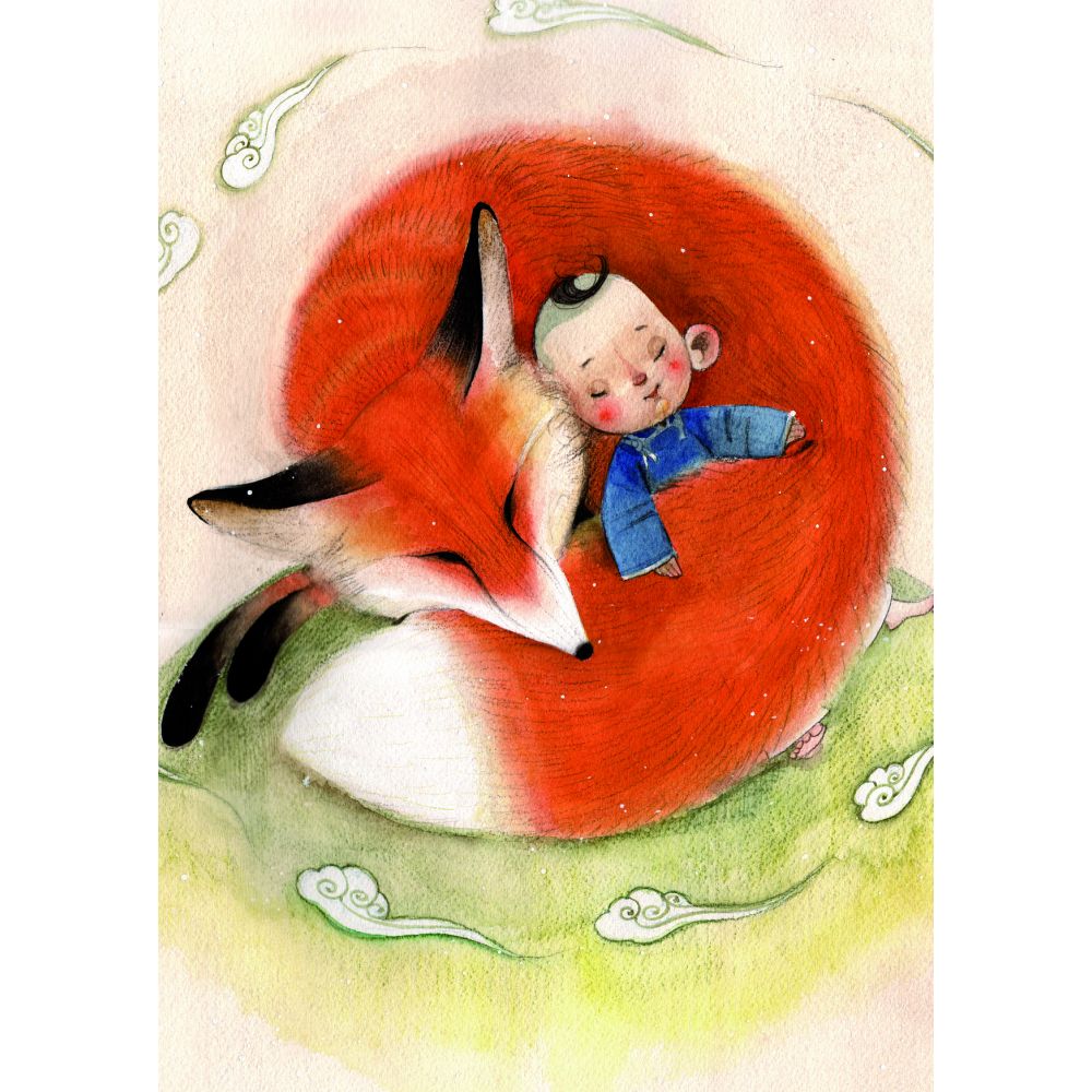 Carte Mongole " Renard, en son sein, protège Temuujin des mauvais rêves"